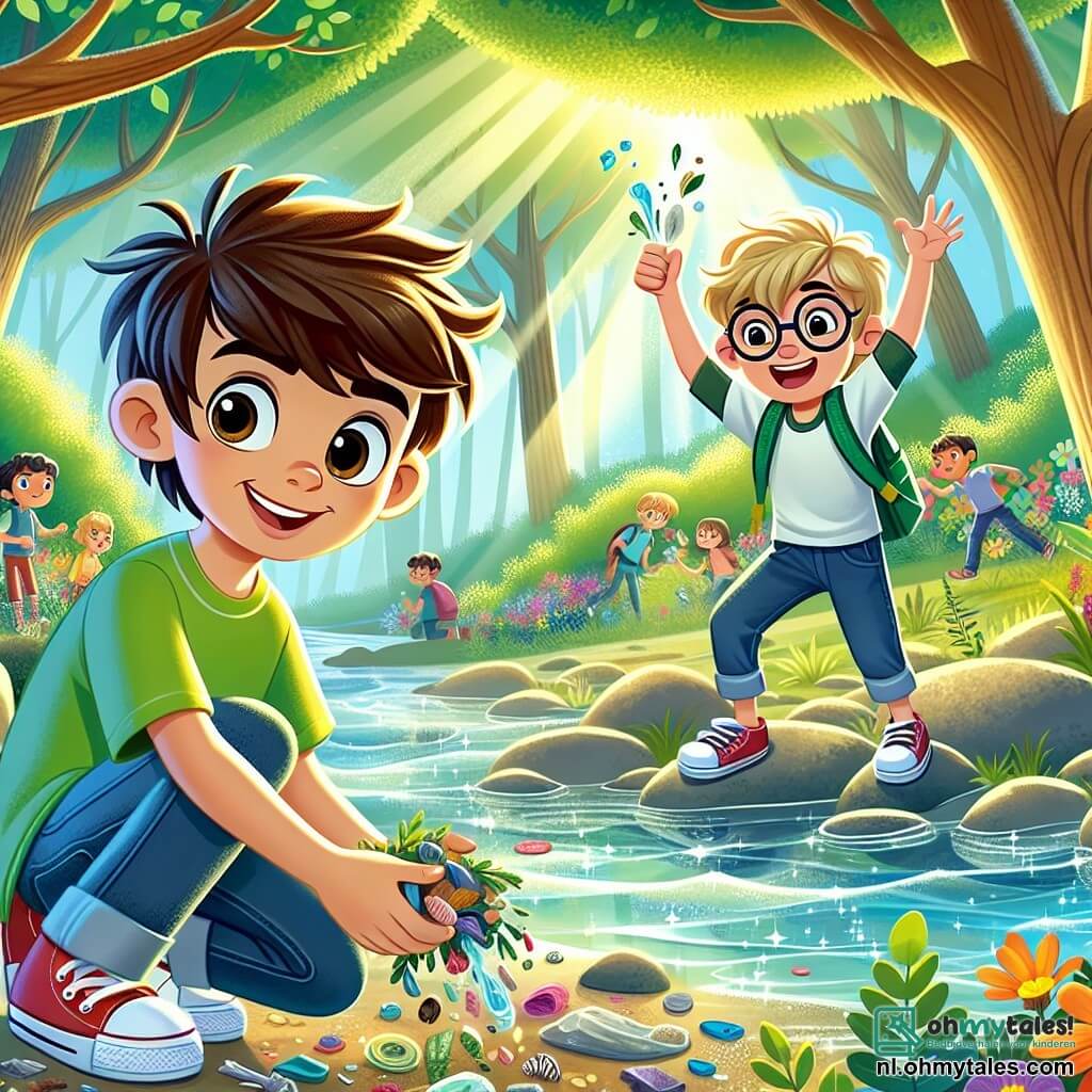Een 12-jarig jongetje, Luca, met rommelig bruin haar en nieuwsgierige ogen, zit op de rand van een glinsterende rivier met een grote glimlach op zijn gezicht. Hij draagt een felgroen T-shirt en een denimshort, zijn handen vol kleine afvalstukken die hij vastberaden opruimt. Naast hem moedigt zijn beste vriend Sam, ook 12 jaar, met blond haar en ronde bril, hem aan door een stuk afval boven zijn hoofd te houden, trots op zijn gezicht. De locatie is een prachtig natuurpark, vol majestueuze bomen met heldergroene bladeren, kleurrijke bloemen die dansen in de wind en een heldere rivier die tussen de rotsen slingert. Het zonlicht filtert door de takken en creëert lichte patronen op de grond. De hoofdscène toont Luca en Sam die de natuur aan het opruimen zijn, omringd door hun klasgenoten die enthousiast meedoen, allemaal verenigd om hun omgeving te beschermen. De sfeer is vrolijk en vol energie, wat het belang van samenwerking om de schoonheid van de planeet te behouden illustreert.