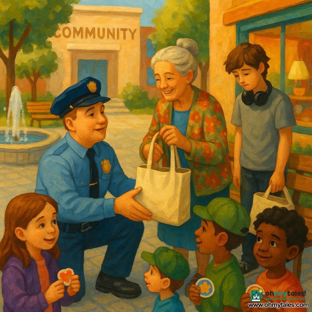 The central figure is a male police officer in his forties, round-faced, clean light-blue uniform and shiny badge, kneeling to hand a tote bag to an elderly woman in her mid-sixties with gray hair in a bun and a floral cardigan, both near a bench; a teenage boy of about 16 with headphones around his neck and a gray T‑shirt stands slightly back, head lowered and embarrassed, the tote bag nearby; three children (a girl ~8 in a purple jacket, a boy ~8 in a green cap, and a curly-haired boy ~7) watch from the side with wide eyes and shy smiles holding colorful stickers; the scene is outside a community center with light wooden benches, a round fountain with gentle splashes, gray paving, green trees and a cozy corner shop in the background, bathed in golden morning light with saturated colors and visible acrylic-paint textures, calm gestures and a reassuring, orderly atmosphere.