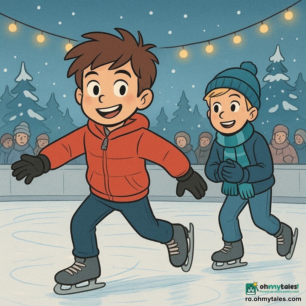 Darius, un băiat de 12 ani cu părul brun ciufulit și ochi sclipitori de determinare, patinează pe gheață. Poartă o jachetă roșie aprinsă și mănuși negre, afișând un zâmbet încrezător. Lângă el, un alt băiat de 12 ani, Vlad, cu părul blond scurt și o privire încurajatoare, patinează alături. Vlad poartă o căciulă albastră și un fular în dungi. Patinoarul este înconjurat de lumini sclipitoare și spectatori îmbrăcați gros, cu copaci acoperiți de zăpadă în fundal. Scena îl arată pe Darius reușind să patineze fără să cadă, alunecând cu grație pe gheață, în timp ce Vlad îl aplaudă, creând o atmosferă de camaraderie și succes împărtășit.