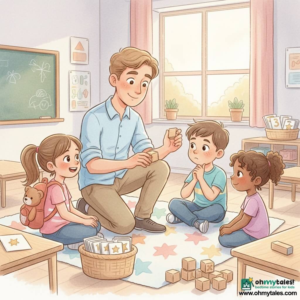 A kind-faced male teacher with gentle eyes, sleeves rolled, light chestnut tousled hair, crouched by a colorful star-patterned rug, holding wooden counting cubes and gently showing how to count; he radiates patience and warmth. To his left, Mia (about 6) with a ponytail and teddy backpack sits with hands on the cubes, beaming with pride. Facing him, Leo (about 6) with short hair and freckles taps his chin in concentration. To the right, Tessa (about 6) with curly hair, slightly flushed but smiling, watches the teacher's fingers count groups. The classroom has light wood tables, a basket of numbered cards with gold stars, stacked wooden cubes, a large window with soft morning light and a blackboard with doodles. The scene is a calm, warm moment of slow, pedagogical gestures, a serene reassuring atmosphere, pastel watercolor colors, soft textures, light shadows and delicate outlines.