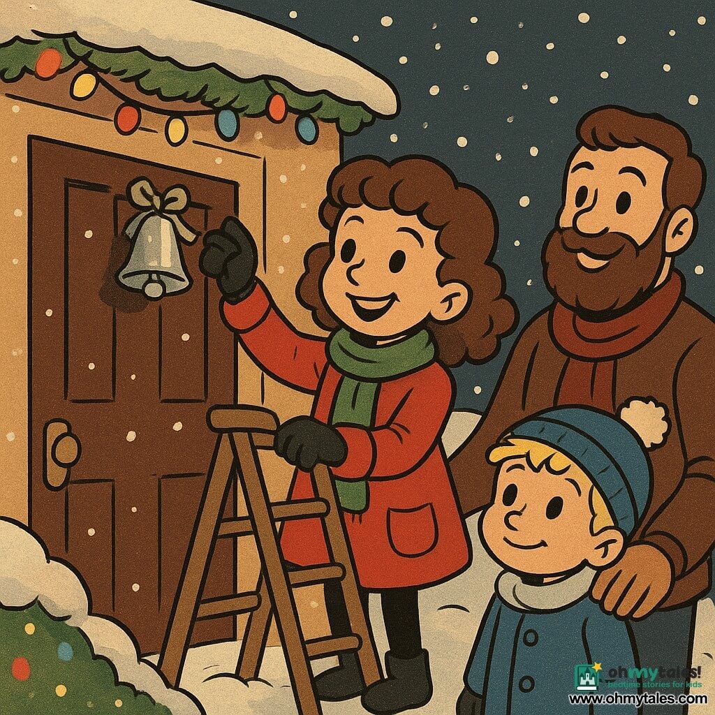 A 12-year-old girl named Lily stands in front of a snowy front door, holding onto a small ladder. She has curly brown hair and wears a bright red coat with a green wool scarf. Her face beams with joy and concentration as she hangs a sparkling silver bell on the door. Next to Lily, her 7-year-old brother Ben watches in admiration. He has tousled blond hair and wears a blue hat with a white pompom. Behind them, their father, a man around 40 with a brown beard, holds the ladder steady. The scene takes place in front of a cozy house covered in snow, with multicolored lights softly glowing. The night is clear, with snowflakes gently falling around them, creating a magical and festive atmosphere.