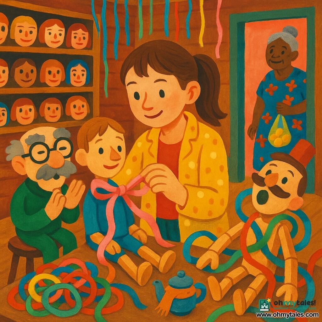 A 12-year-old girl with curious eyes and a focused smile, chestnut hair in a ponytail and a yellow polka-dot jacket, delicately ties a pink ribbon into a shiny "Kindly Bow" around the neck of an unfinished wooden puppet while colorful ribbons unfurl and float in a whimsical, gouache-textured puppet workshop; an elderly grandmother in the doorway, gray hair in a bun and a floral dress, watches bemusedly holding a bag of lemons; the puppet Professor Pompom, seated on a stool to the girl's left, has exaggerated felt eyebrows, round glasses and a green fabric body and applauds gently, while to the right the dramatic Sir Flapjack with a triangular mustache and wrapped ribbons strikes a comic, singing pose; shelves of painted wooden heads, balls of multicolored ribbon, threads hanging like rain and a miniature teapot wearing a scarf complete the scene.