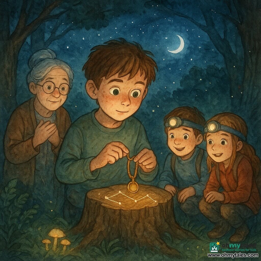 A 10-year-old boy, Oliver, freckled with tousled brown hair and wide green eyes, carefully fits an ancient golden necklace into a constellation-shaped groove on a tree stump while Mrs. Maple, a gentle 65-year-old librarian with gray hair in a bun and round glasses, stands slightly left with hands to her chest, and two child friends (a 10-year-old boy and a 9-year-old girl) crouch to the right with headlamps on the ground, excited and muddy; the night clearing is ringed by gnarled trees, ferns and glowing mushrooms, fireflies float beneath a starry opening, warm headlamp light mixes with cool moonlight, watercolor textures with white gel-pen highlights on the necklace and stars, creating a magical, intimate, peaceful moment.