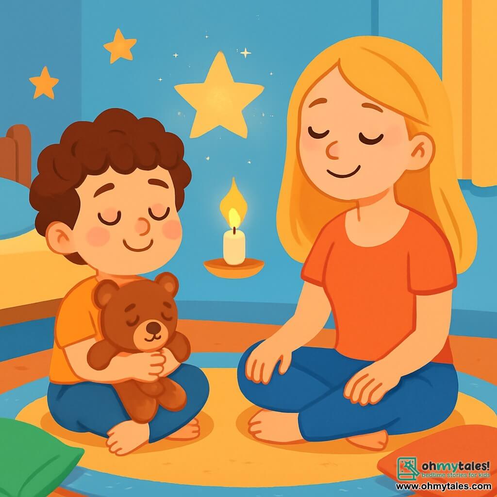 A 4-year-old boy named Lucas, with curly brown hair and bright, curious eyes, is sitting cross-legged on a soft, plush carpet. He has a serene smile on his face, slightly rosy cheeks, and is holding his teddy bear close, breathing deeply with a calm expression. Next to him, his mother, a woman in her thirties with long blonde hair, sits facing him with her hands resting on her knees, smiling tenderly, creating a warm and comforting atmosphere. The setting is a soft and welcoming room with pastel blue walls, golden stars sparkling on the ceiling, and a gentle light emanating from a magical candle floating in the air. Colorful cushions are scattered around them, adding to the calm and relaxing ambiance. The main scene shows Lucas and his mother breathing together with their eyes closed, while a sparkling star floats above them, illuminating the scene with a soft and soothing light.