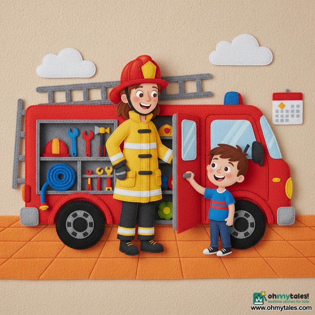 A smiling, confident female firefighter in a shiny red helmet and yellow reflective felt jacket stands warm and upright with her hands on the fire truck door while five-year-old Timmy, short brown hair and an amazed joyful expression, rests his small hand on the handle beside her; a large bright red truck with round black felt wheels, a visible gray ladder and coiled blue hose has its doors open showing colorful tools inside, set in a fire station with simple orange tiled floor, light walls with cloud sketches and a felt calendar under soft warm light—the pair check the truck together in a collaborative, reassuring, joyful scene with bold contrasting colors and pronounced felt textures.