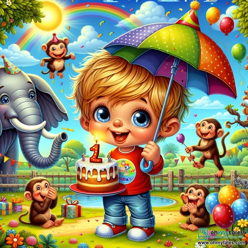A one-year-old boy with messy blonde hair and big sparkling blue eyes stands in the center of the image, smiling enthusiastically. He wears a red t-shirt with a birthday cake drawn on it and a small colorful party hat. Next to him is a friendly, large gray elephant under a big umbrella, smiling warmly. It holds a plate of honey cake in its trunk, ready to share. A group of playful monkeys hangs from tree branches, laughing and throwing colorful balloons into the air, adding cheer to the scene. The setting is a vibrant zoo with animal enclosures in the background, lush trees, and bright flowers. A clear blue sky with a few white clouds completes the picture. The main scene shows the little boy surrounded by his animal friends, celebrating his birthday after the rain has just stopped, with a beautiful rainbow in the background. All the characters are joyful, singing and dancing together, creating a festive and happy atmosphere.