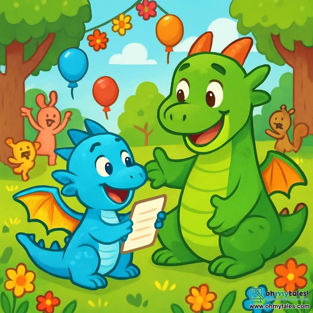 Flappy, a small dragon with bright blue scales and sparkling wings, is filled with excitement and joy. He holds a piece of paper in his small paws, on which is written a poem for his father, with a big smile on his face. Next to him, Biggle, a larger dragon with green scales and bright eyes, looks at Flappy with pride and love, his arms open for a hug. He is sitting on the soft grass of the park, surrounded by colorful flowers. The setting is a sunny park, filled with joyful creatures, majestic trees, floating balloons, and hanging flower garlands. Laughter and games are happening around them, creating a festive and warm atmosphere. The main scene shows Flappy proudly presenting his poem to his father, while other creatures look on with admiration, celebrating Father's Day in an atmosphere of happiness and love.