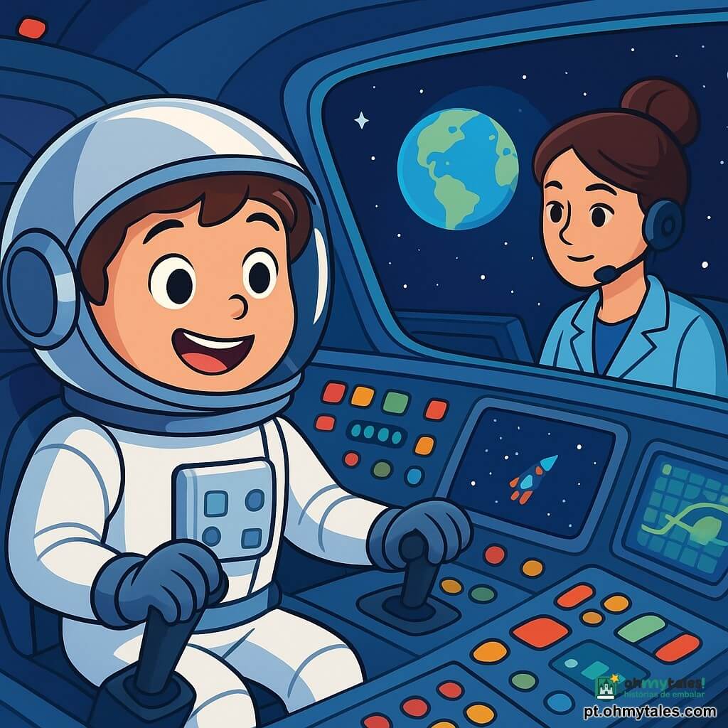 Um menino jovem, Lucas, de cerca de 10 anos, está sentado no cockpit de uma nave espacial. Ele usa um traje espacial branco brilhante e um capacete prateado que reflete as luzes do painel. Seu rosto expressa uma alegria radiante e uma excitação palpável, com os olhos brilhando de curiosidade. Ao seu lado, a voz de Camila, uma engenheira de cerca de 30 anos, ressoa em seu fone de ouvido. Ela tem cabelos castanhos presos em um coque e usa um jaleco azul, observando as telas de controle com concentração na sala de comando. O cockpit está cheio de botões coloridos, luzes piscantes e telas exibindo mapas do espaço. Do lado de fora, vê-se a Terra, uma linda esfera azul e verde, flutuando na imensidão negra do espaço, salpicada de estrelas cintilantes. A cena principal mostra Lucas pronto para decolar rumo ao desconhecido, com as mãos nos controles, o coração batendo de excitação, enquanto a contagem regressiva começa.