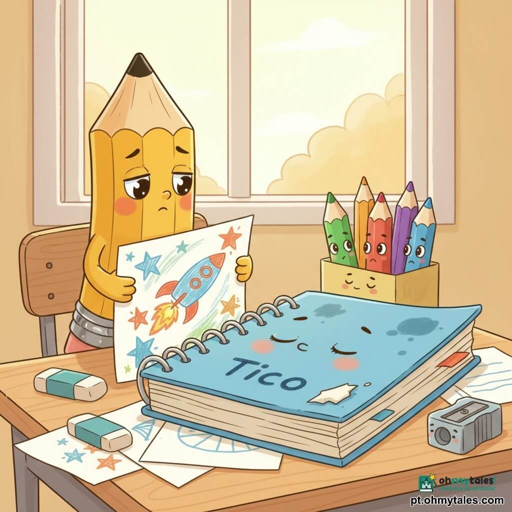 Pipo é um pequeno lápis amarelo antropomórfico de rosto doce e olhos brilhantes, triste mas sereno, que segura delicadamente um grande desenho colorido; Tico é um grande caderno azul espiral sobre a mesa, com manchas de tinta e um canto amassado, de expressão fechada mas tranquila, como adormecido ao lado de Pipo; uma caixa de lápis coloridos observa com rostinhos compassivos, com algumas borrachas e um apontador arredondado próximos; a cena passa-se numa mesa escolar de madeira clara com folhas espalhadas, desenhos de estrelas e foguetes e uma janela ao fundo que deixa entrar uma luz suave de fim de tarde; atmosfera calma e terna, paleta quente e estilo vetorial limpo; situação principal: uma despedida pacífica e luminosa em que Pipo coloca seu desenho perto de Tico para guardar as lembranças, momento silencioso carregado de afeto.