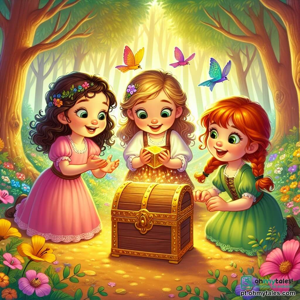 Em uma clareira encantada, três meninas de três anos estão reunidas. Ana, com cabelos cacheados e um vestido rosa, segura uma pedra brilhante nas mãos, sorrindo. Bia, com cabelos loiros trançados e um vestido amarelo, observa maravilhada a pedra que sua amiga segura. Clara, com cabelos ruivos e um vestido verde, se aproxima do baú dourado no centro da clareira, com os olhos brilhando de excitação. A clareira é banhada por uma luz dourada, cercada por árvores majestosas e flores coloridas que dançam ao vento. Pássaros de plumagens vibrantes cantam alegremente, enquanto borboletas multicoloridas voam ao redor das meninas. As três amigas descobrem juntas um baú dourado misterioso, símbolo de sua amizade, e estão prestes a abrir o tesouro escondido dentro, ansiosas para descobrir o que a magia do Bosque Encantado lhes reserva.