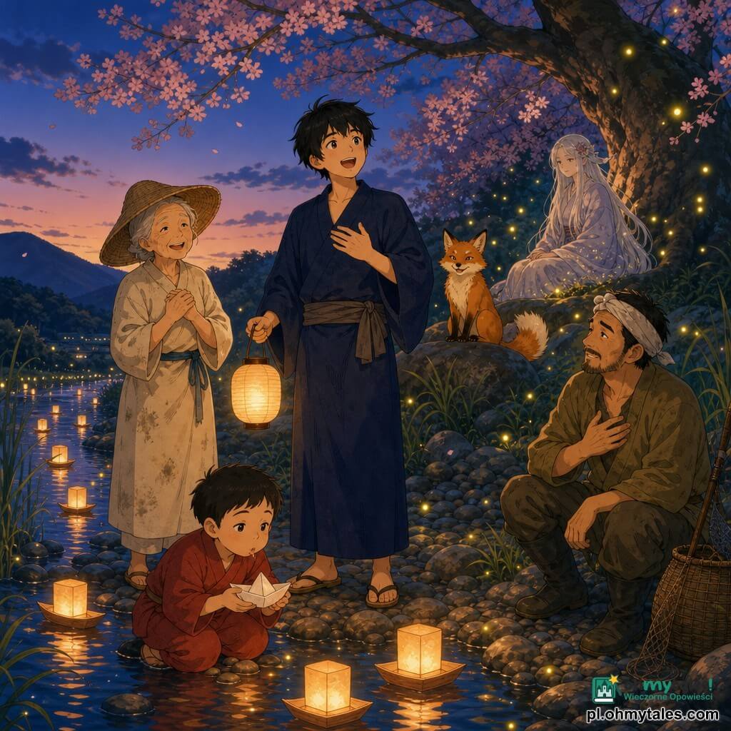 Haru to uśmiechnięty młody mężczyzna o błyszczących oczach i potarganych czarnych włosach, ubrany w prosty indygo kimono, trzymający małą papierową lampę i śpiewający nad rzeką; po jego lewej stoi około 70-letnia kobieta w plecionym słomkowym kapeluszu i kremowej, poplamionej robotą sukni, z dłońmi przy piersi; przed Haru stoi około 8-letni chłopiec w czerwonym ubranku, dmuchający na papierową łódeczkę; na prawej burcie kuca około 45-letni rybak z krótką brodą w khaki i butach, ręką przy piersi słuchający śpiewu; na kamieniu za Haru siedzi mały rudy kitsune o wachlarzowatym ogonie, patrzący figlarnie; w głębi pod wielkim starym drzewem siedzi tajemnicza kami — kobieta wyglądająca na około 300 lat z srebrnymi włosami, otoczona świetlikami; miejsce to spokojna brzegowa sceneria o zmierzchu z sitowiem, papierowymi lampionami dryfującymi jak małe księżyce, kwitnącymi sakurami, błękitnymi górami w tle, kamienistym brzegiem i pomarańczowymi odbiciami w wodzie — główna scena to wieczorna próba chóru podczas Obon: Haru śpiewa trzymając lampion, mieszkańcy i lis słuchają wzruszeni, lampiony wolno płyną po rzece, ciepła atmosfera i miękkie kontrasty.