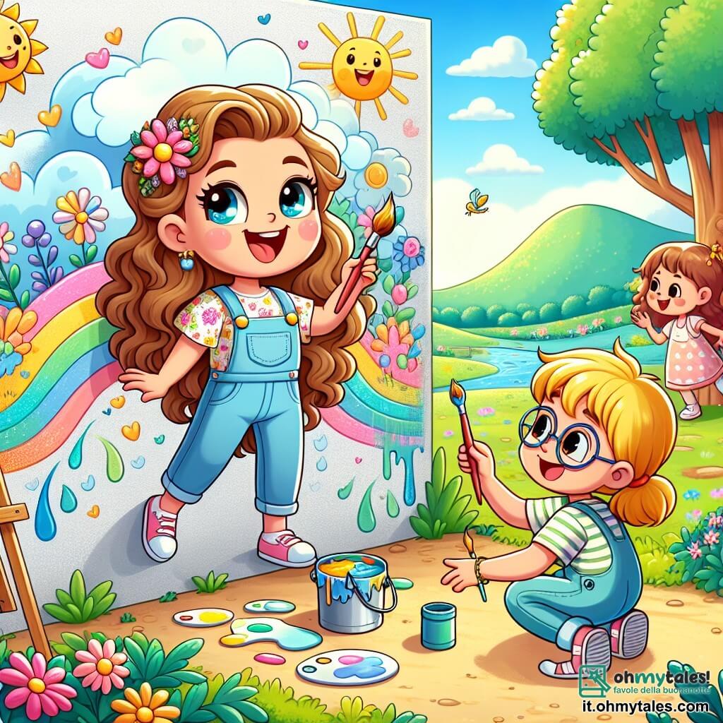 Un'artista donna di nome Sofia, con lunghi capelli ricci e occhi scintillanti, si trova di fronte a un grande muro bianco, dipingendo con passione un magnifico murale colorato. Sorride felicemente, le mani coperte di vernice, e usa un grande pennello per aggiungere tocchi di blu al cielo che sta creando. Accanto a lei, una bambina di nome Giulia, di circa 8 anni, con capelli biondi e un bel vestito a fiori, guarda con ammirazione il lavoro di Sofia, tenendo un piccolo pennello nella mano. Un ragazzo di nome Marco, di 9 anni, con occhiali e una maglietta a righe, è accovacciato vicino a un barattolo di vernice, mescolando colori per disegnare un grande albero sul muro. Il luogo è un parco soleggiato, circondato da colline verdi e fiori vivaci, con bambini che giocano in lontananza e uccelli che cantano sugli alberi. La scena principale mostra Sofia e i bambini che collaborano felicemente per creare un murale vibrante che rappresenta i loro sogni e la loro amicizia, riempiendo l'aria di risate e creatività.