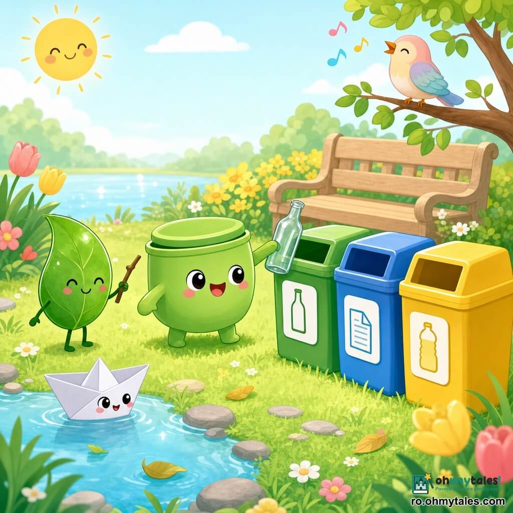 O cutiuță rotundă verde, zâmbitoare, pune o sticlă de sticlă într-un coș marcat cu pictogramă de sticlă; o frunză antropomorfă subțire, verde umed, arată unde să se arunce obiectele; o barcă mică de hârtie albă privește curioasă de pe iarbă lângă o baltă; o pasăre pastel cântă pe o creangă; decor: colț de grădină luminos cu iarbă catifelată, flori galbene și lalele, o bancă de lemn deschis lângă un lac mic, pietre netede și câteva frunze căzute; acțiunea principală: sortare și reciclare explicate blând, trei coșuri colorate aliniate cu simboluri pentru sticlă, hârtie și plastic, obiecte curate puse la locul potrivit, lumină blândă de dimineață, culori pastel și contururi rotunjite, compoziție simplă și lizibilă pentru copii.