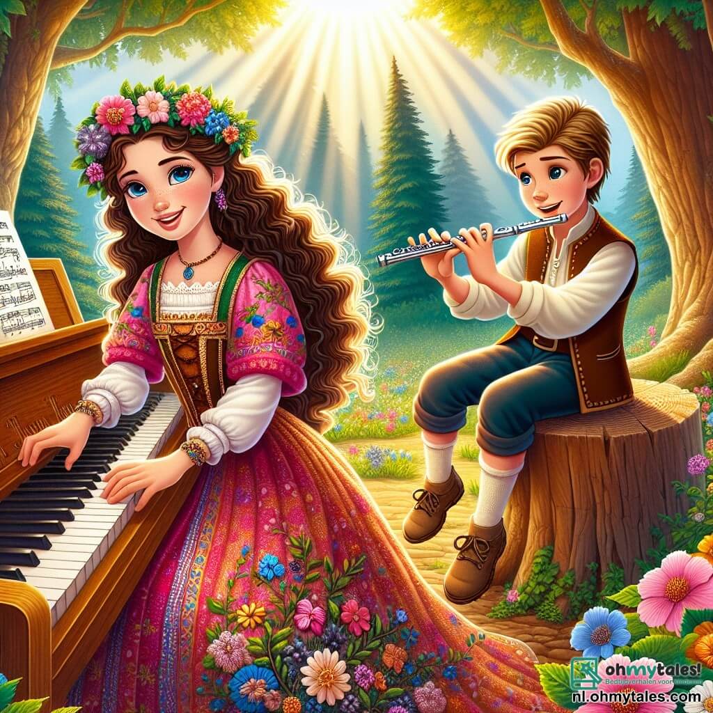 Lila, een jonge vrouw met lang, krullend haar, draagt een kleurrijke jurk met bloemenpatronen. Ze zit voor een houten piano met een stralende glimlach op haar gezicht en opgewonden ogen terwijl ze een nieuwe melodie componeert. Naast haar speelt Finn, een jongen van ongeveer 10 jaar met blond haar en sprankelende ogen, vrolijk op zijn fluit, zittend op een oude boomstronk. Hij draagt een gestreept t-shirt en een denimshort en kijkt Lila bewonderend aan. De scène speelt zich af in een zonnige open plek in het hart van een weelderig bos, omringd door majestueuze bomen met glinsterende bladeren en kleurrijke bloemen die om hen heen bloeien. Zonnestralen filteren door de takken en creëren een magische en warme sfeer. Lila en Finn maken samen muziek, gefascineerd door de geluiden van de natuur om hen heen, terwijl ze een moment van vreugde en creativiteit delen, terwijl de vogels in harmonie met hun melodie zingen.
