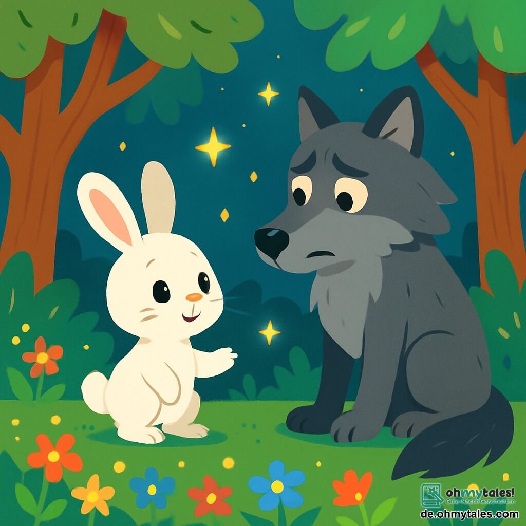 Ein kleiner Hase mit großen Ohren, weichem, weißem Fell und glänzenden, neugierigen Augen steht mutig im Mittelpunkt der Szene und schaut entschlossen den großen, bösen Wolf an. Der Wolf, groß und imposant, mit grauem Fell und durchdringenden Augen, wirkt überrascht und ein wenig traurig, sitzt auf seinen Hinterbeinen, die Ohren gesenkt, als würde er über seine Entscheidungen nachdenken. Um sie herum erstreckt sich ein wunderschöner verzauberter Wald, gefüllt mit bunten Blumen, die wie Sterne funkeln, majestätischen Bäumen mit dicken Stämmen und leuchtend grünen Blättern, während Glühwürmchen in der Luft tanzen und eine magische Atmosphäre schaffen. Die Hauptsituation zeigt den kleinen Hasen, der mutig dem Wolf anbietet, Freunde zu werden, während die funkelnden Blumen und die Glühwürmchen ihr Treffen erhellen und Wärme und Hoffnung in diesen unerwarteten Moment bringen.