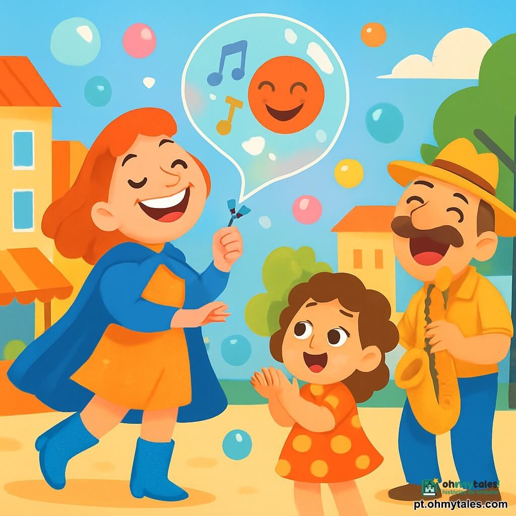 Dona Sorriso é uma mulher alegre, vestida com uma capa azul brilhante e botas reluzentes. Seu rosto é iluminado por um grande sorriso, e seus olhos brilham de malícia. Ela está soprando uma bolha colorida que flutua ao seu redor, cheia de notas musicais e risadas. Ao lado dela, uma menina de cerca de 7 anos, com cabelos cacheados e um vestido de bolinhas, aplaude com admiração. Um homem de cinquenta anos, com um bigode e um chapéu de palha, está um pouco afastado, rindo alto enquanto segura um saxofone. A cena acontece em uma praça movimentada da cidade, cercada por prédios coloridos, barracas de mercado e árvores com folhas vibrantes. Bolhas de todas as cores flutuam no ar, criando uma atmosfera festiva e alegre. Dona Sorriso, com seu caderno de desculpas, traz risadas e boas energias à cidade, transformando o barulho em melodias alegres e risadas.