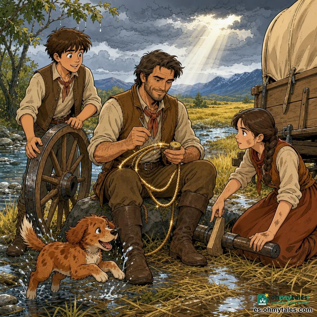 Hombre adulto, Tomás, rostro marcado, sonrisa serena, ojos suaves; concentrado y tranquilo, sentado al borde de un pequeño río, remendando un lazo gastado con aguja y cera. Adolescente, Mateo (≈15 años), cabello castaño despeinado, expresión entusiasta; de pie a la izquierda con una rueda de carro colocada, mirando a Tomás. Adolescente, Rosa (≈14 años), trenzas, mirada decidida; a la derecha, arrodillada, señalando dónde poner una cuña bajo el eje, manos con tierra. Cachorro, Chispa, pequeño, pelaje rojizo manchado, enérgico; salta junto a las botas de Tomás, moviendo la cola y salpicando agua. Lugar: pradera dorada junto a un río de guijarros brillantes, árboles con hojas húmedas, montañas azules en el horizonte, cielo nublado con un rayo de sol, charcos y hierba aplastada por la lluvia. Situación: momento después de la lluvia; Tomás repara cuidadosamente su lazo mojado mientras Mateo y Rosa terminan de cambiar la rueda; ambiente cálido pese al cielo gris, colores contrastados: cielo gris azulado, hierba amarillo verdosa, ropa ocre marrón, destellos dorados en el lazo.