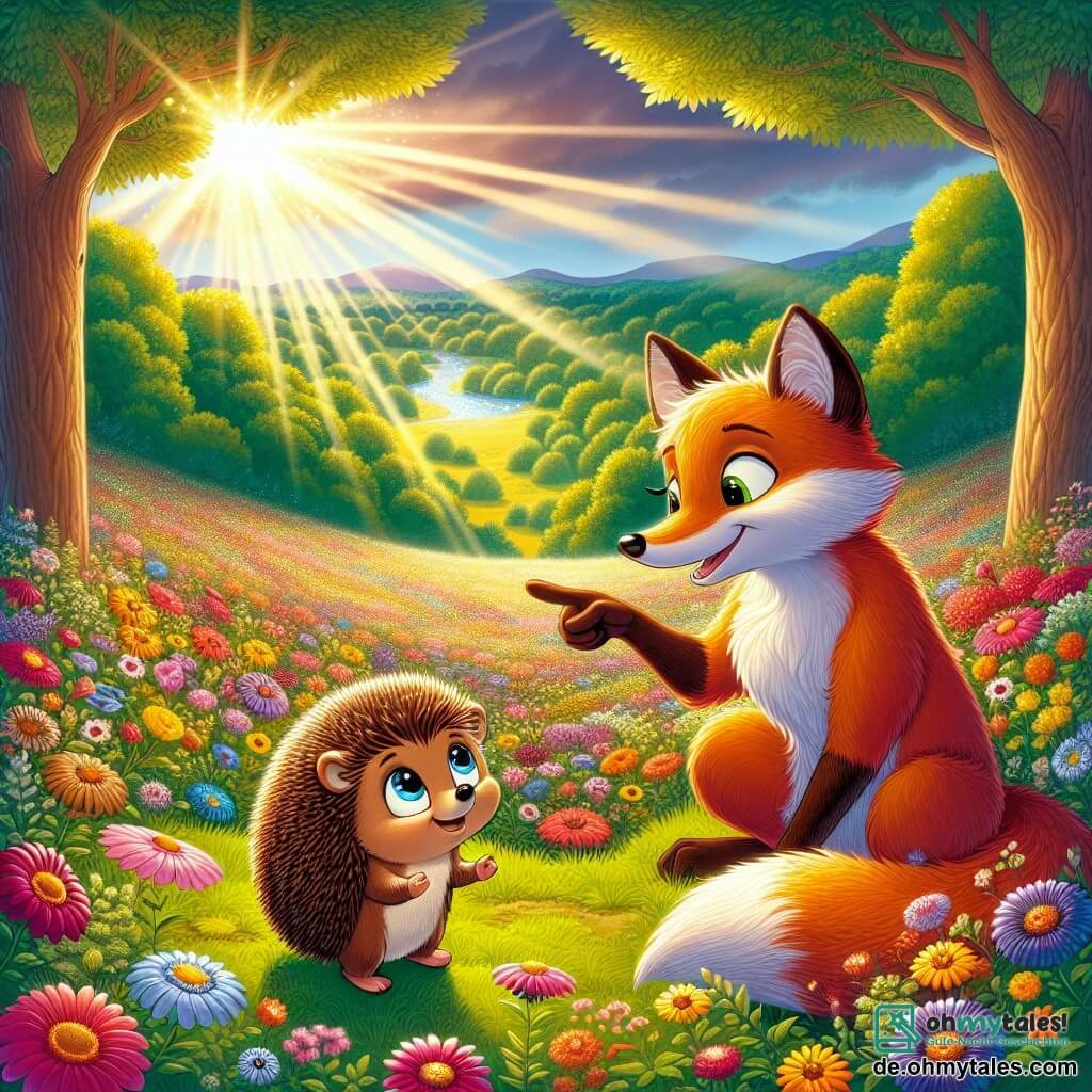 Ein kleiner Igel namens Henri, mit braunem Fell und neugierigen, funkelnden Augen, steht im Zentrum des Bildes und schaut staunend auf ein wunderschönes Feld bunter Blumen, das sich bis zum Horizont erstreckt. An seiner Seite ermutigt ihn ein schlauer Fuchs namens Felix, mit leuchtend orangefarbenem Fell und einem buschigen Schwanz, mit einem schelmischen Lächeln und zeigt auf eine funkelnde, magische Quelle in der Ferne. Im Hintergrund erhebt sich ein grüner Wald, gefüllt mit majestätischen Bäumen und strahlenden Blättern, während Sonnenstrahlen durch die Äste filtern und die Landschaft erhellen. Die Szene zeigt den Moment, in dem Henri und Felix das geheimnisvolle Tal entdecken, bereit für ein großes Abenteuer, um die Farben ihrer Welt zu retten.