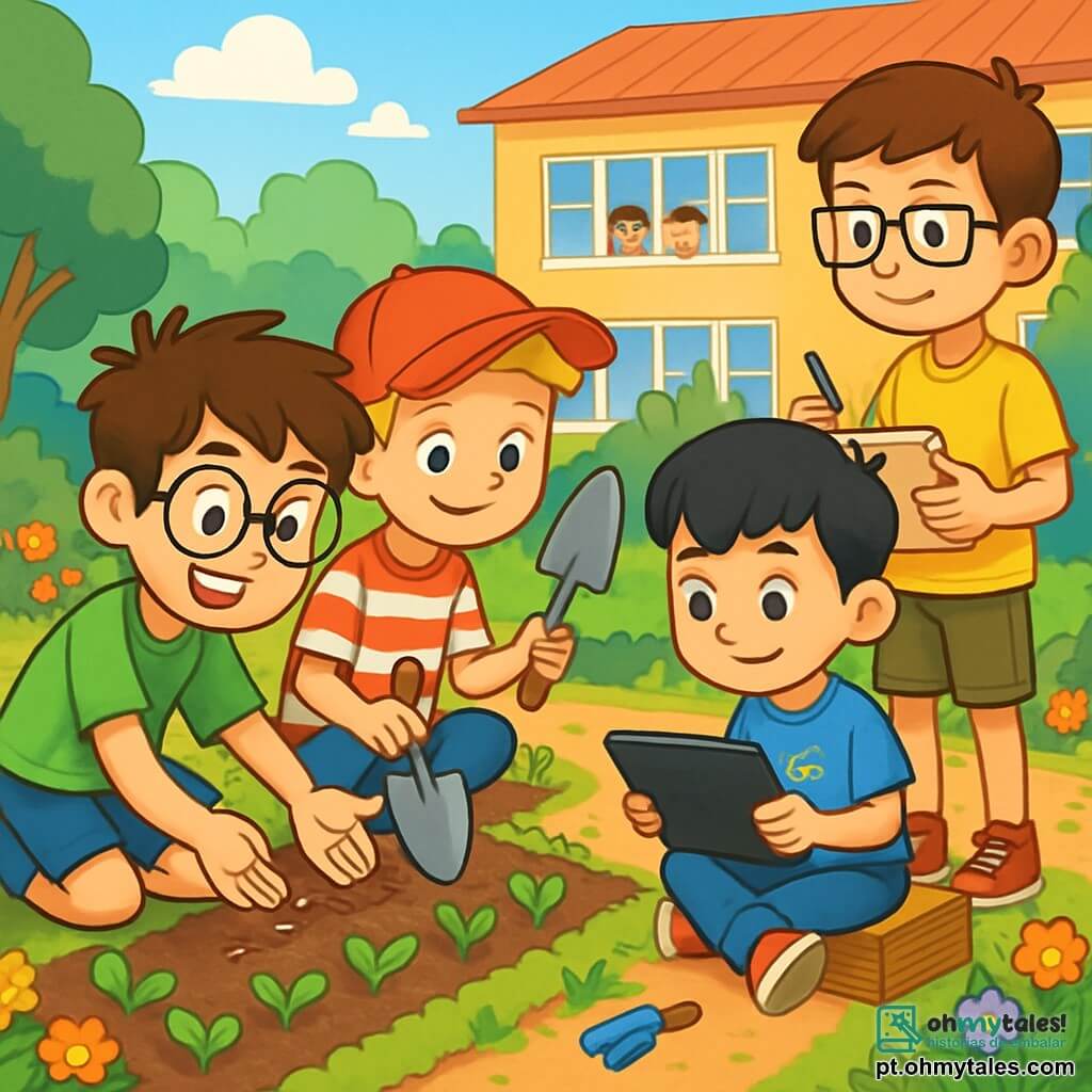 Há 4 crianças: - Miguel: um garoto de 10 anos, com cabelo castanho bagunçado e óculos redondos. Ele usa uma camiseta verde e um short azul, plantando sementes no chão com um grande sorriso. - João: um garoto de 10 anos, com cabelo loiro e sardas. Ele usa um boné vermelho e uma camiseta listrada, ao lado de Miguel, segurando uma pá e observando as sementes com curiosidade. - Lucas: um garoto de 10 anos, com cabelo preto e franja. Ele usa uma camiseta azul com desenho de robô, sentado em uma caixa de madeira, pesquisando informações sobre plantas em um tablet. - Tiago: um garoto de 10 anos, com cabelo castanho e óculos quadrados. Ele usa uma camiseta amarela e um short cáqui, de pé, segurando um caderno de esboços e desenhando a horta, com uma expressão concentrada. O local é uma escola cercada de verde, com um grande jardim ensolarado. No centro, há uma horta colorida com fileiras de terra marrom onde crescem jovens plantas verdes. Flores multicoloridas cercam o caminho e ferramentas de jardinagem estão espalhadas. Ao fundo, vê-se o prédio da escola com janelas abertas e crianças observando. A situação principal mostra as crianças trabalhando juntas na horta comunitária, felizes e entusiasmadas, cada uma cuidando de uma tarefa diferente, compartilhando risadas e conselhos, enquanto aprendem a respeitar e amar a natureza.