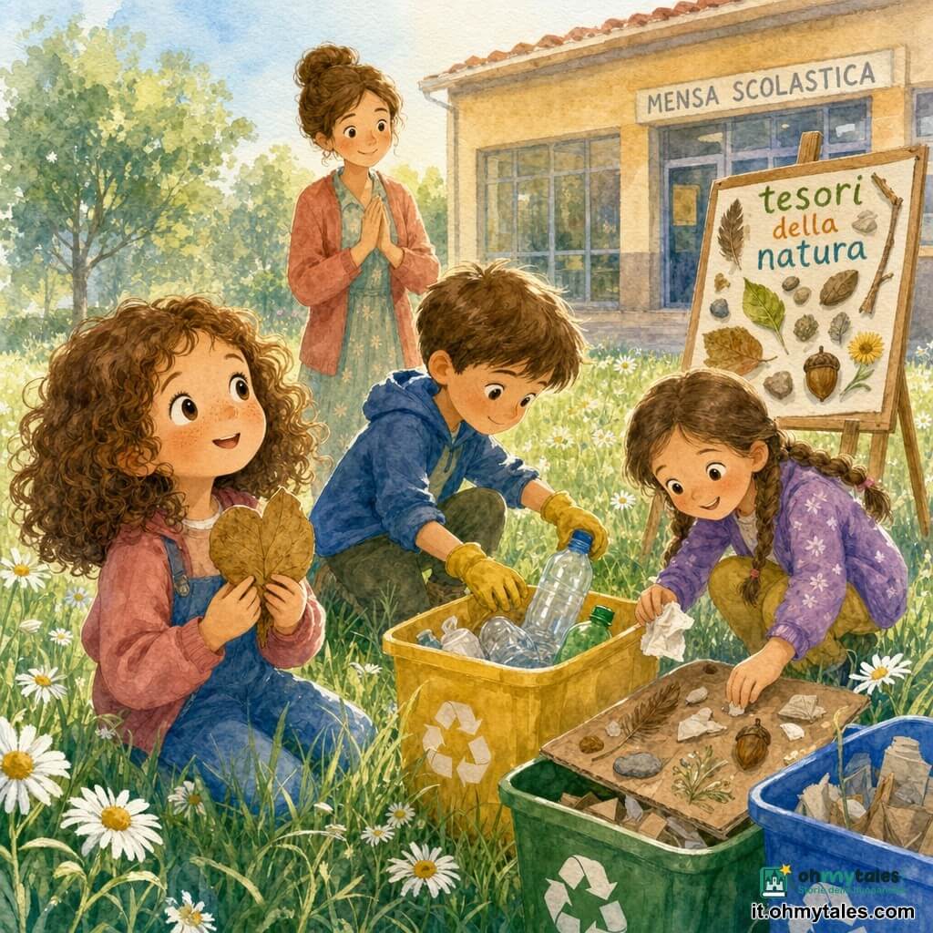 Camilla, 6 anni, viso tondeggiante con lentiggini, capelli castani ricci fino alle spalle, sguardo meravigliato e sorriso dolce, tiene una grande foglia secca a forma di cuore sul petto; Marco, circa 8 anni, capelli corti castano, espressione concentrata e guanti gialli, separa bottiglie di plastica e carta vicino a un grande contenitore giallo a destra di Camilla; Sofia, circa 6 anni, capelli lunghi intrecciati e sorriso complice, raccoglie tovaglioli stando leggermente dietro Camilla e guarda il cartone con i "tesori"; Marta, maestra di circa 30 anni, chignon e volto benevolo, mani giunte, sorride vicino alla mensa osservando i bambini; luogo: prato verde davanti alla mensa scolastica con margherite e qualche albero, cassonetti per il riciclo colorati (giallo, verde, blu) allineati su un lato; situazione: piccolo gruppo in cerchio che differenzia e piega rifiuti, grande pannello su cavalletto con "tesori della natura" incollati (piume, piccoli sassi, ghianda); stile visivo: acquerello delicato, colori pastello luminosi, tratti fini e texture carta visibile, luce calda del pomeriggio, atmosfera gioiosa e calma.