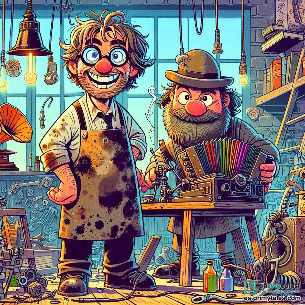 Un hombre, Donato, con cabello despeinado y gafas redondas, está de pie en su taller. Lleva un delantal manchado de aceite y tiene una gran sonrisa de emoción en su rostro. Está rodeado de diversas herramientas, piezas de metal y un antiguo gramófono, mientras trabaja en una máquina extravagante que capta los ronquidos. A su lado, su amigo Felipe, un hombre de unos 30 años, con barba desaliñada y un sombrero de músico, toca el acordeón, añadiendo un toque alegre a la escena. El taller está lleno de luz, con ventanas abiertas que dejan entrar rayos de sol, iluminando estanterías cargadas de libros y gadgets extraños. Dibujos de máquinas extravagantes están colgados en las paredes, creando una atmósfera creativa y dinámica. La escena principal muestra a Donato y Felipe en plena acción, con notas musicales flotando a su alrededor mientras intentan transformar los ronquidos del vecino en melodías alegres.