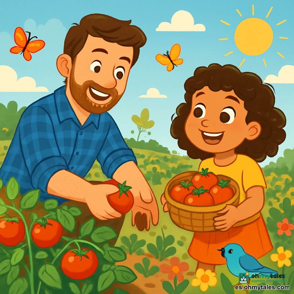 Un hombre, Lucas, de unos 30 años, sonriente y cálido, con cabello castaño y una barba ligera, está recogiendo tomates rojos brillantes en su jardín. Lleva una camisa de cuadros azul y pantalones de tela, sus manos están llenas de tierra, testimonio de su arduo trabajo. Cerca de él, una niña de 7 años, su hermana, con cabello rizado y ojos brillantes, lo ayuda sosteniendo una cesta llena de tomates, su rostro radiante de alegría y emoción. El jardín es vibrante, lleno de hileras de plantas verdes, flores coloridas y mariposas volando bajo un cielo azul claro. Al fondo, se ve un gran árbol sombreado, y el sol brilla suavemente, creando una atmósfera pacífica y cálida. Lucas y su hermana recogen tomates, riendo y compartiendo historias, mientras los pájaros cantan alegremente a su alrededor, ilustrando la belleza simple de la vida en la granja.