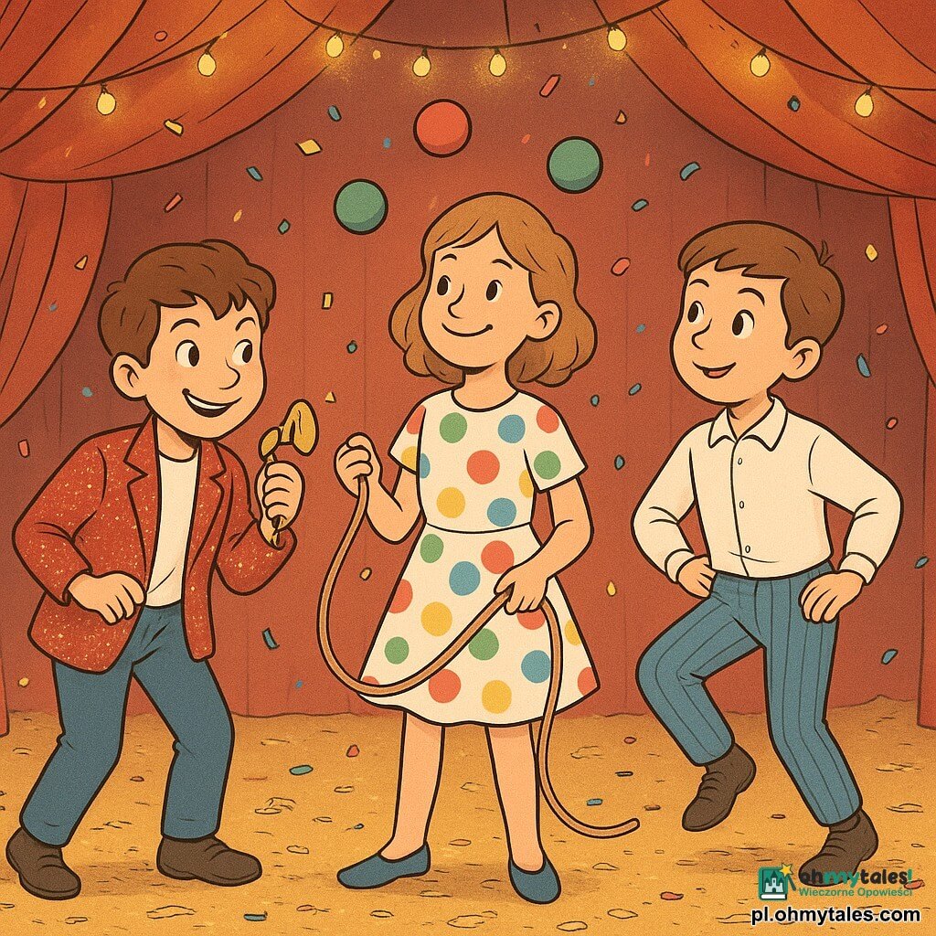 Il y a trois personnages principaux : Kuba, un garçon de 9 ans en marynarka rouge à paillettes, tient un klaxon brillant. Jaś, également 9 ans, porte un pantalon rayé et une chemise blanche, regarde Kuba avec curiosité. Zosia, 10 ans, au centre en robe à pois, tient une corde de jonglage. Ils sont sous un chapiteau de cirque avec des rideaux rouges et des lumières scintillantes. Le sol est couvert de copeaux de bois dorés. Les enfants répètent un numéro de cirque : Kuba souffle dans le klaxon, Jaś danse, et Zosia jongle. Des confettis colorés tombent autour d'eux, créant une ambiance joyeuse et magique.