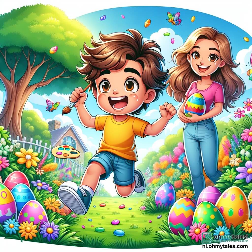 Een 6-jarig jongetje, Max, met rommelig bruin haar en sprankelende ogen van blijdschap, springt van blijdschap in een kleurrijke tuin. Hij draagt een felgeel T-shirt en een blauwe short, en houdt een gekleurd paasei in zijn hand. Naast hem staat zijn moeder, een vrouw van ongeveer 30 jaar met lang blond haar, die glimlacht terwijl ze een penseel en een palet vasthoudt, omringd door paask versieringen. De tuin is gevuld met heldere bloemen, kleurrijke paaseieren verstopt in het groene gras, en een grote majestueuze boom staat op de achtergrond. Max is druk bezig met het zoeken naar eieren en ontdekt een ei verstopt bij de grote boom, zijn gezicht straalt van opwinding en verrassing.