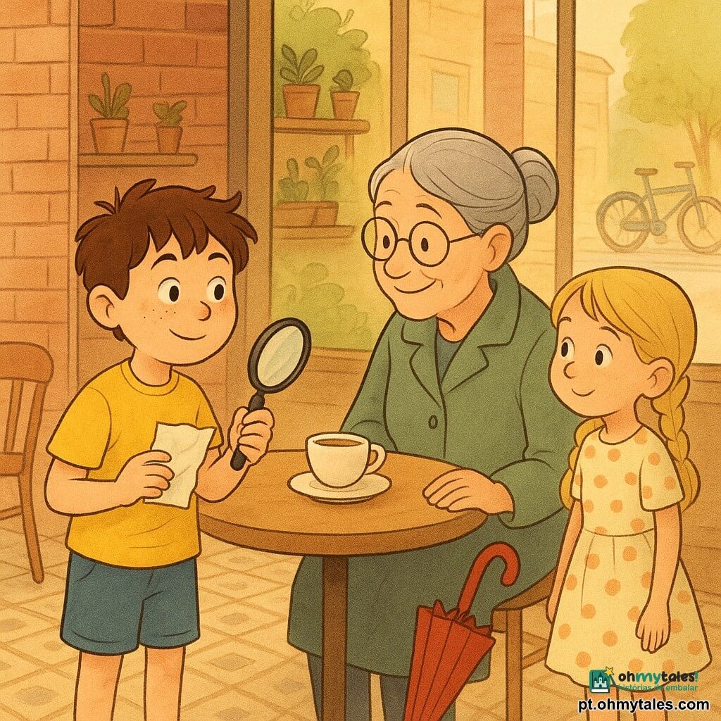 Um menino de 8 anos, rosto redondo com sardas, cabelo castanho despenteado, de camiseta amarela e bermuda azul, com expressão curiosa e orgulhosa, segura um papel amassado numa mão e uma lupa na outra, em pé junto a uma mesa de café; uma mulher de cerca de 70 anos, cabelo grisalho preso em coque, óculos redondos e casaco verde-sálvia, sorri benevolente sentada com uma chávena de chá e um grande guarda-chuva vermelho ao lado; uma menina de 7 anos de tranças loiras (Sofia), de vestido de bolinhas, está do lado de fora perto de um banco observando; o local é um pequeno café acolhedor com grandes janelas voltadas para um bicicletário ensolarado, paredes de tijolos à vista, plantas, azulejos decorados e cadeiras de madeira clara; a cena mostra o menino a mostrar uma foto encontrada à mulher para resolver um mistério, atmosfera suave de cores quentes e luz dourada da manhã, composição centrada na troca entre os dois, com uma bicicleta desfocada do lado de fora.