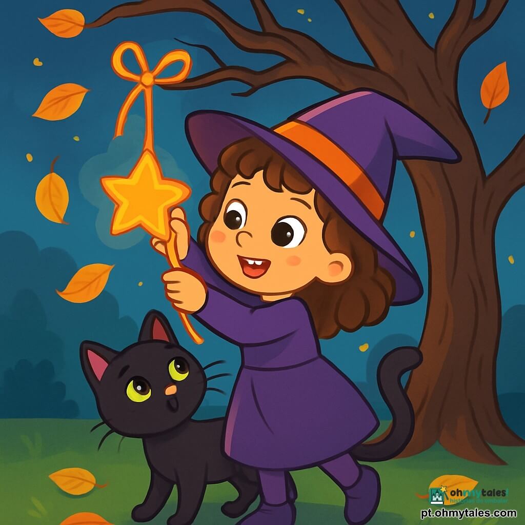 Uma menina de 6 anos, com grandes olhos brilhantes e cabelos cacheados, veste um traje de bruxa roxo com um chapéu pontudo. Ela tem um sorriso encantado e segura um laço laranja e dourado nas mãos. Ao seu lado, um gato preto com olhos verdes brilhantes esfrega-se em sua perna, olhando com curiosidade para o laço. Ao fundo, uma velha árvore com galhos retorcidos se ergue sob uma lua cheia, iluminando o parque com uma suave luz prateada. Folhas douradas caem ao seu redor, criando uma atmosfera mágica e acolhedora. A menina tenta pendurar o laço em um galho, cheia de empolgação e determinação, enquanto o gato observa atentamente, pronto para saltar.