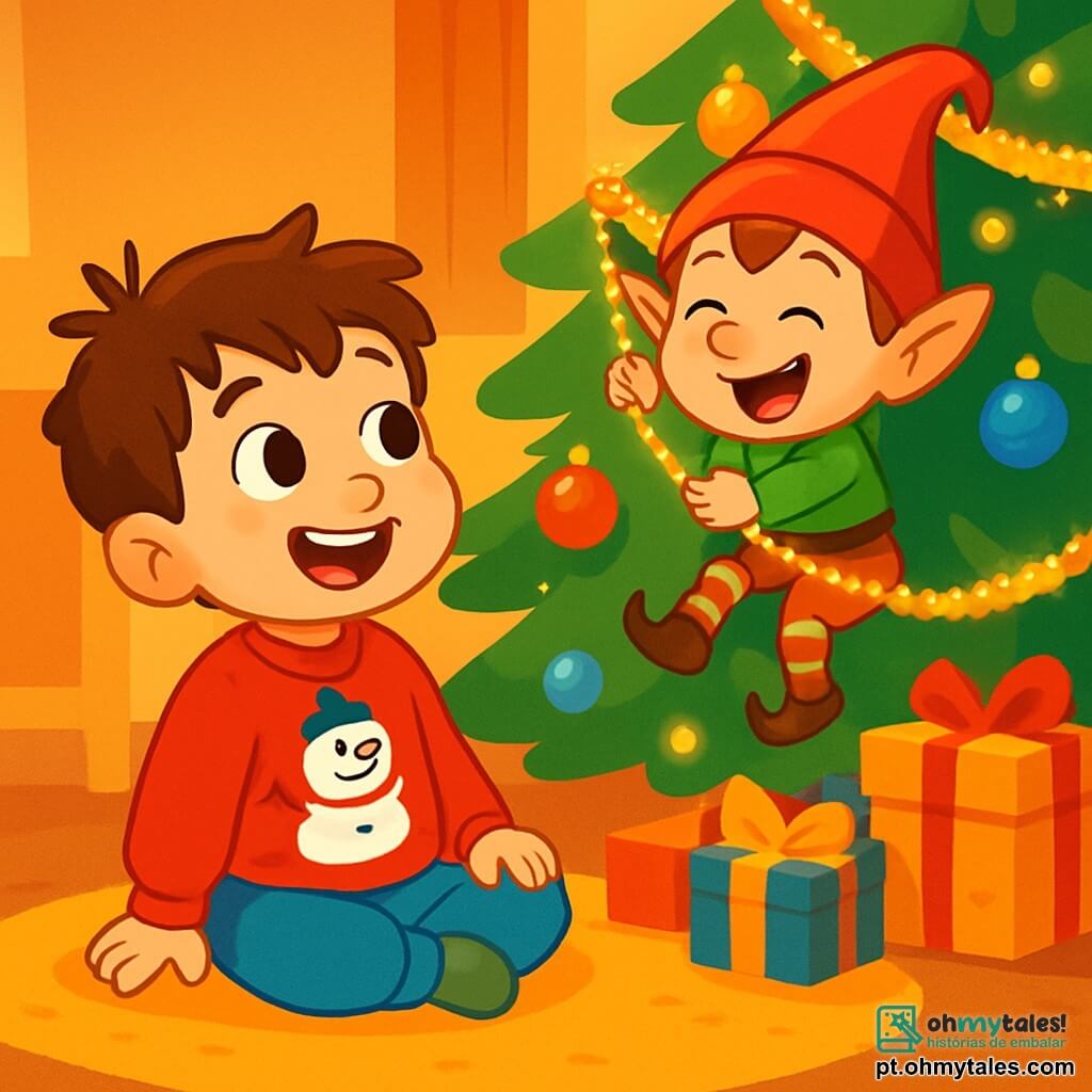Um garoto de 4 anos, com cabelos castanhos bagunçados e olhos brilhantes de curiosidade, está sentado em um tapete macio. Ele usa um suéter vermelho com um boneco de neve sorridente e tem um grande sorriso maravilhado no rosto. Ao seu lado, um duende travesso, pequeno e sapeca, com um chapéu vermelho pontudo e orelhas pontudas, está pendurado em uma guirlanda cintilante, rindo alegremente. A cena acontece em uma sala acolhedora, decorada com um grande pinheiro de Natal iluminado, com bolas coloridas e guirlandas brilhantes. Presentes bem embrulhados estão espalhados ao redor da árvore, e uma suave luz dourada inunda o ambiente. O garoto observa o duende com admiração, enquanto o duende faz caretas e brinca com as decorações da árvore, criando uma atmosfera mágica e alegre de Natal.