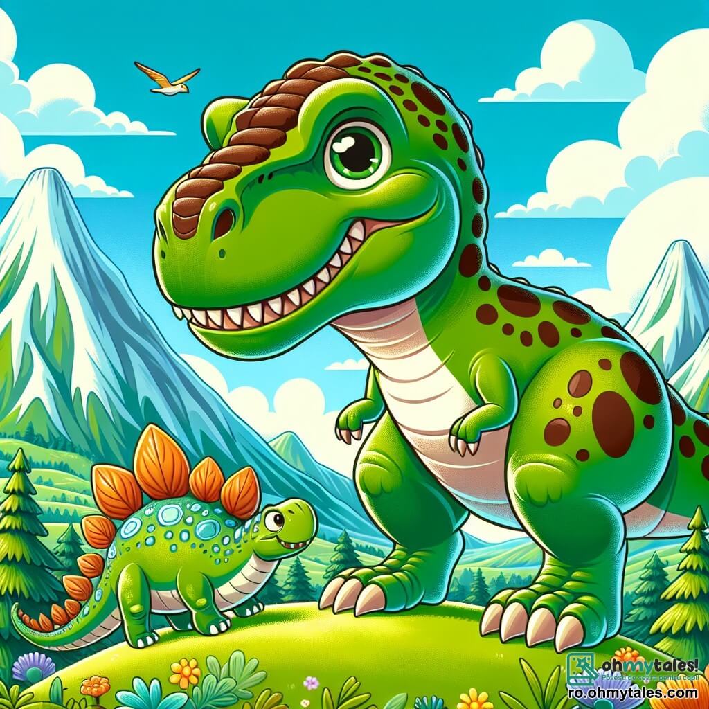 Un tânăr Tyrannosaurus Rex, cu un corp musculos și pielea verde presărată cu pete maronii, stă pe vârful unei coline, cu privirea uimită și determinată, pregătit să exploreze o lume nouă. Ochii săi strălucesc de excitație în timp ce scrutează orizontul. Lângă el, un Stegosaurus prietenos, cu plăcile dorsale colorate și coada spinoasă, îl încurajează cu un zâmbet liniștitor, stând ușor în spate, pregătit să-l urmeze în aventură. Peisajul este o vale verde vastă, înconjurată de munți majestuoși cu vârfuri acoperite de zăpadă, cu copaci uriași și flori strălucitoare care adaugă culoare scenei. Norii pufoși plutesc pe un cer albastru deschis, în timp ce păsări preistorice zboară deasupra lor. Situația principală îl arată pe Rexor, Tyrannosaurus, pregătit să se aventureze dincolo de munți, hotărât să descopere locuri necunoscute și să trăiască aventuri palpitante, în timp ce prietenul său Stego îl încurajează să facă primul pas.