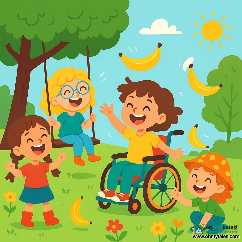 There are 4 children: Mia, a 6-year-old girl with brown braided hair wearing shiny red boots, standing on the grass with her arms raised and laughing; Lila, a 5-year-old girl with curly blonde hair and sparkling glasses, sitting on a swing and laughing heartily; Zoe, a 7-year-old girl with short hair and high energy, moving quickly in her colorful wheelchair, surrounded by bouncing bananas; and Tilly, a 6-year-old girl with red hair and a polka-dotted lucky hat, crouching to catch a bouncing banana on her hat. The setting is a sunny garden filled with colorful flowers, green trees, and a large lawn where bananas bounce joyfully. The main scene shows the four friends laughing and having fun as bright yellow bananas jump around them, creating a playful and absurd atmosphere.