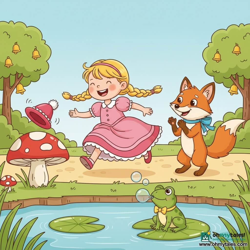 A joyful ~6-year-old princess with braided blonde hair in a pink ruffled dress chases a red pompom hat that hops onto a big mushroom and twirls by a pond; a friendly red fox with a blue ribbon stands on its hind legs applauding by the path, and a shy green frog with a yellow bow sits on a lily pad blowing bubbles; bright, vivid colors, rounded shapes, cute simple toddler style.