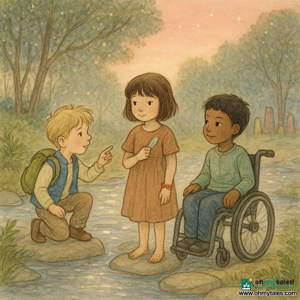 There are three children, about 6 years old: Mila, brown bob, shy smile, red ribbon on her wrist, standing center with her hand on a small silver feather hidden in her pocket, looking at the river; Jonah, tousled blond, curious eyes, wearing a blue vest and green backpack, left of Mila kneeling on a flat stone and pointing toward the woods' path; Arlo, short black hair, in a simple sturdy wheelchair with a gentle confident expression, right of Mila with a hand on his wheel watching the best route. They stand at the Moonmilk River at dusk—silver water reflecting spots of light, large flat stepping stones, Glimmerwood trees with star‑like shimmering leaves, green ferns and soft moss on the banks, a circle of tall colored stones in the background and a pink sky—as the three prepare to cross on slippery stones, Mila clutching the feather, Jonah indicating the hidden way, Arlo calmly choosing the best line for his wheels; the mood is gentle adventure, mild tension, careful gestures and clear solidarity.