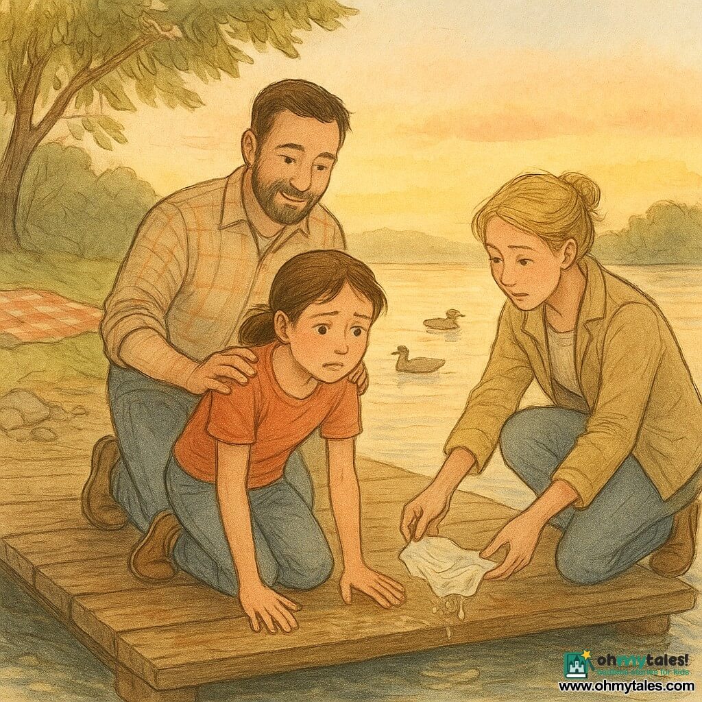 A 10-year-old girl with a round face and mid-length brown hair in a small ponytail, knees slightly bent and hands flat on a wet wooden dock, looks worried but relieved as her father, mid-30s with a short beard and rolled-up plaid shirt sleeves, stands behind holding her shoulders while the mother, in her mid-30s with blonde hair in a loose bun and a light jacket, crouches at the dock edge to rescue a small crumpled, wet bundle of papers before it falls into a tranquil dusk lake with ducks, shiny pebbles, a checkered blanket under a wind-tossed tree, droplets glinting on the paper and orange sky reflections on the cracked wood.