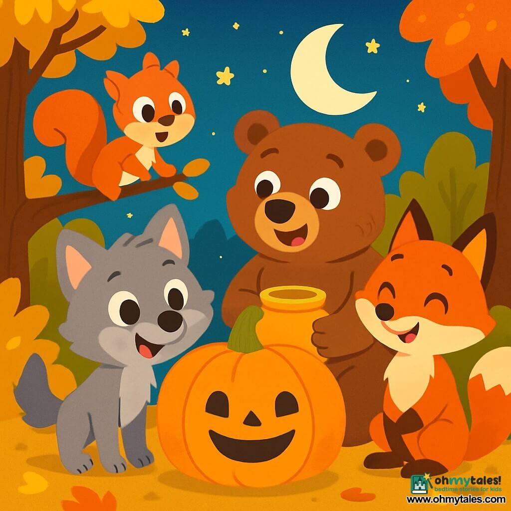 A little wolf named Wally, with soft gray fur and sparkling curious eyes, stands in front of a large orange pumpkin with a joyful smile, ears perked up and a big grin on his face. Next to him, Benny the big brown bear, with fluffy fur and a friendly look, holds a jar of honey while gazing at the pumpkin in amazement. Sally the little squirrel, with her reddish fur and bushy tail, climbs on a tree branch, eyes wide with surprise. Freddy the fox, with his bright red fur and mischievous expression, stands a bit back, paws crossed, smiling as he watches his friends. The scene takes place in an enchanted clearing surrounded by trees with golden and orange leaves, under a starry sky where the moon shines softly. In the center, the pumpkin, which was upside down, has been righted to display a big smile, and all the animals are gathered around, laughing and having fun, ready to celebrate Halloween together.