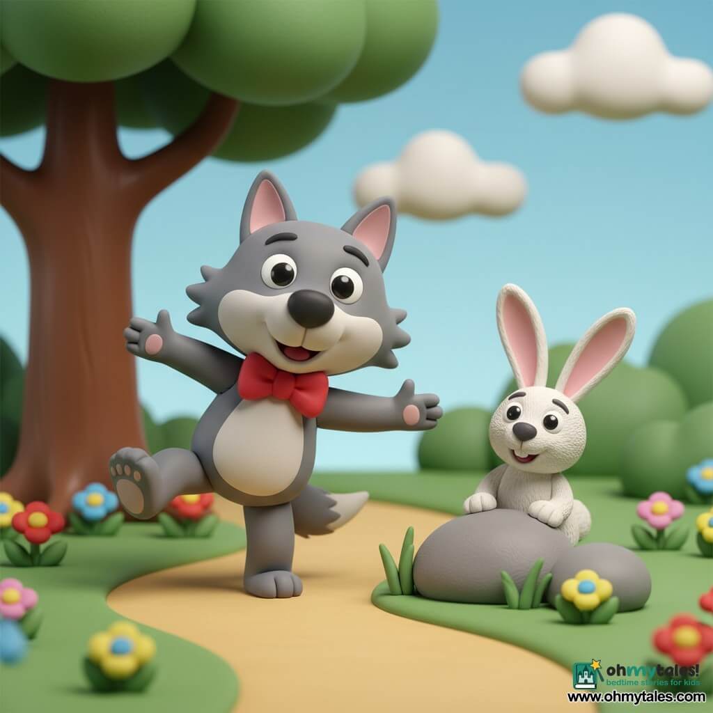 A playful smiling wolf with bright round eyes, a short muzzle, soft gray fur and a bright red bow tie dances with a big sidestep as he discovers a fluffy white rabbit named Snickers, with long fuzzy ears and sparkling black eyes, hiding and laughing behind a low rock to the right; they are surrounded by small tufts of tender green grass and colorful round flowers in a sunny park with a smooth-trunked tree, light blue sky, a few fluffy clouds and an ochre dirt path—capturing the joyful moment of hide-and-seek as the wolf twirls exuberantly and the rabbit bursts out laughing.