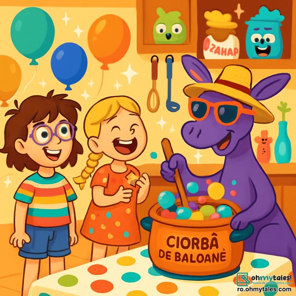 Există 3 personaje: - Liana: o fată de 10 ani cu părul castaniu și ochelari cu ramă violetă. Poartă un tricou cu dungi colorate și o pereche de pantaloni scurți din denim. Se află în stânga, cu un zâmbet curios pe față. - Tania: o fată de 10 ani cu părul blond împletit și șosete asortate. Este îmbrăcată cu o rochie cu buline și se află în centru, râzând în timp ce ține un biscuit în formă de stea. - Gumbaloo: un cangur purpuriu, mare și vesel, cu o pereche mare de ochelari de soare și o pălărie de paie. Se află în dreapta, amestecând o oală mare plină cu baloane colorate cu o lingură de lemn. Locul se desfășoară într-o bucătărie magică, unde masa este acoperită cu o față de masă cu buline colorate. Baloane plutesc în jur, iar scânteile de lumină strălucesc în aer. Bucătăria este plină de culori vii, cu ustensile de bucătărie în formă de personaje amuzante și ingrediente care dansează pe rafturi. Situația principală îl arată pe Gumbaloo pregătind o ciorbă de baloane, în timp ce Liana și Tania îl observă cu uimire. Bule de bucurie ies din oală, iar hohote de râs răsună în aer, creând o atmosferă ludică și absurdă.