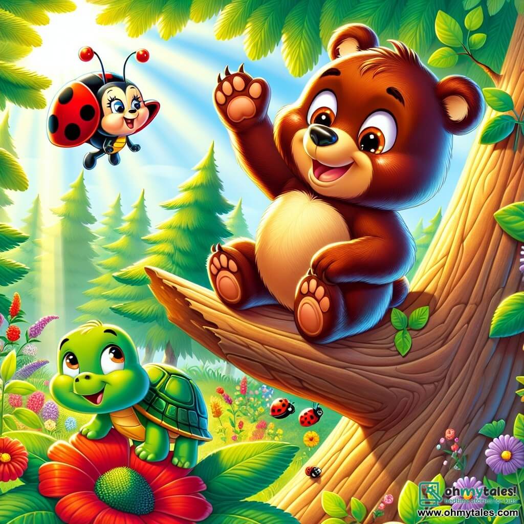 Benny the little brown bear, with soft, shiny fur, is perched at the top of a tall tree, his eyes sparkling with joy and a wide smile on his face. He raises a paw in victory, surrounded by vibrant green leaves and colorful flowers. Next to him, Lilly the ladybug, with her red wings dotted with black, joyfully flies around him, her eyes shining with excitement and a radiant smile on her small face. Below, Timmy the turtle, with his green shell and determined expression, claps his little paws in support of his friend. The scene takes place in the sunny Evergreen Woods, where sunlight filters through the branches, creating a play of shadows and light on the ground covered with wildflowers and lush foliage. Benny, Lilly, and Timmy are celebrating Benny's achievement of climbing the tall tree, illustrating the importance of friendship and equality, no matter who you are.