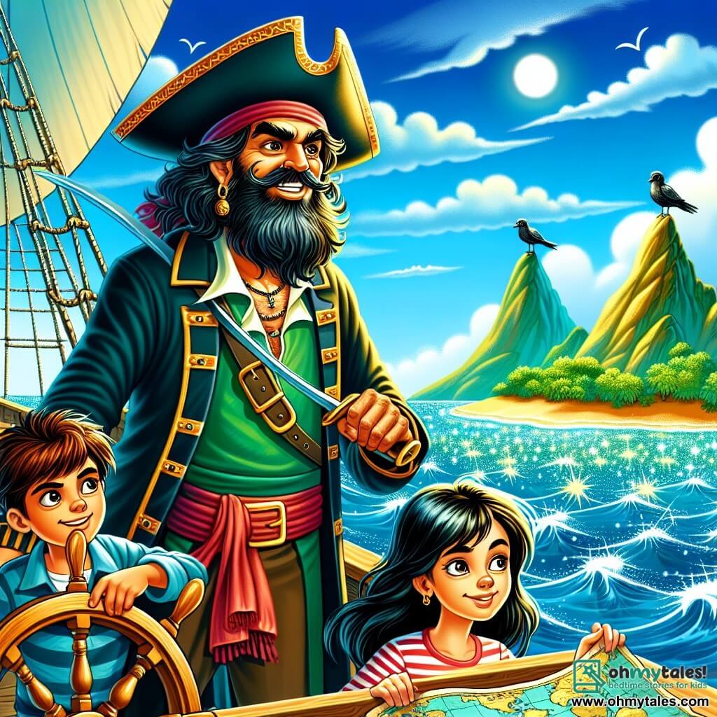 A weathered-faced pirate with a scruffy beard and a wide-brimmed hat stands proudly and determinedly on the deck of his ship, the Sea Serpent. His eyes sparkle with excitement as he scans the horizon for a mysterious island. Beside him, a 20-year-old first mate with black hair and piercing eyes concentrates on steering the ship, his serious expression revealing his experience. A little further away, a 16-year-old girl, the ship's lookout, perches atop the mast, her hair blowing in the wind as she curiously and adventurously surveys the horizon. The setting is a vast blue ocean, dotted with shimmering waves under the bright sun, with lush islands in the background shrouded in mysterious mist. The main scene shows the pirate and his crew on a quest, ready to discover legendary treasure, with an old map unfolded on the deck, revealing winding paths and intriguing symbols.