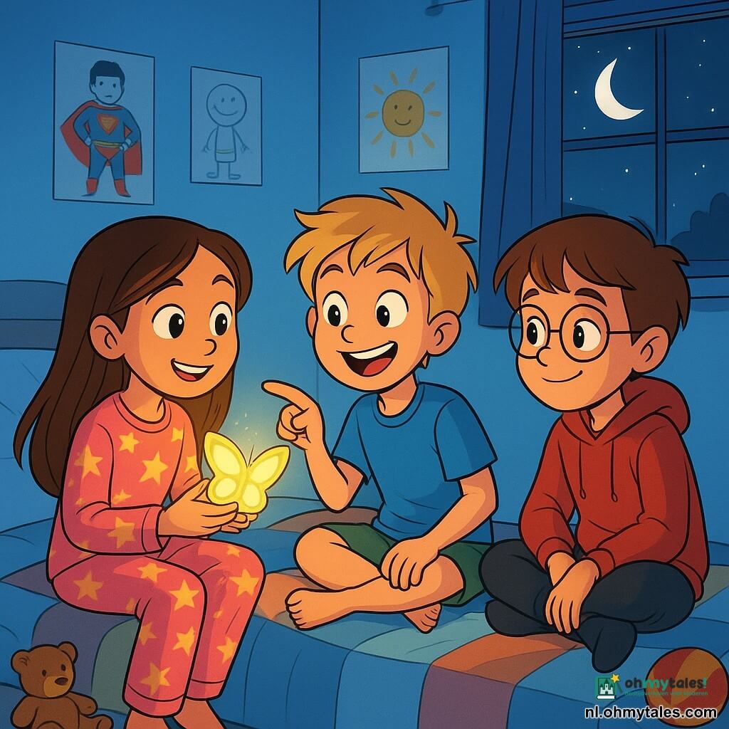 Er zijn 3 personages: Noor, een 9-jarig meisje met lange bruine haren en sprankelende ogen, in een roze pyjama met sterren, die een kleine vlinderlamp vasthoudt die haar gezicht zacht verlicht. Sam, een 10-jarige jongen met messy blond haar en een ondeugende glimlach, draagt een blauwe t-shirt en groene shorts, en staat naast Noor, enthousiast naar de lamp te wijzen. Joris, een 9-jarige jongen met ronde bril en kastanjebruine haren, in een rode sweatshirt en zwarte broek, zit met gekruiste benen op het bed en luistert aandachtig naar Noor en Sam. De scène speelt zich af in Noor's kamer, een warme ruimte met lichtblauwe muren, versierd met superheldenposters en kindertekeningen. Een groot bed met kleurrijke dekens staat in het midden, en speelgoed ligt verspreid over de vloer. Een raam laat een zachte maanlicht binnen, waardoor dansende schaduwen op de vloer ontstaan. Noor, Sam en Joris praten vrolijk over hun nachtelijke avontuur, omringd door het zachte licht van de vlinderlamp. Noor glimlacht, Sam maakt een enthousiaste gebaar en Joris luistert met glanzende ogen. De sfeer is zowel magisch als geruststellend, wat hun vriendschap en moed tegenover de angst voor het donker illustreert.