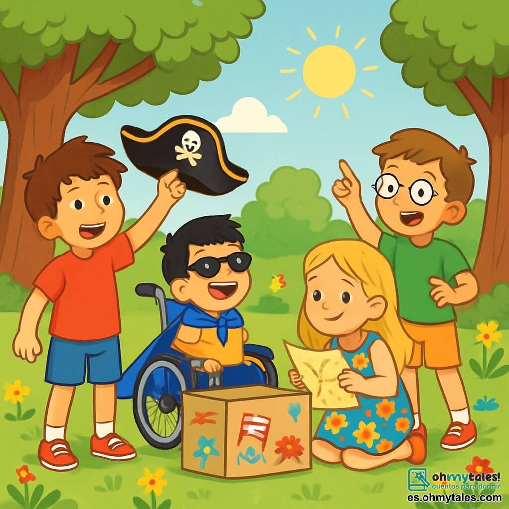 Hay 4 niños: - Marcos: un niño de 10 años, con cabello castaño y despeinado, lleva una camiseta roja y un pantalón corto azul. Está de pie, sonriendo, sosteniendo un sombrero de pirata en una mano. - Javier: un niño de 10 años, con cabello corto y negro, sentado en una silla de ruedas. Lleva una capa azul y gafas de sol. Se ríe alegremente mirando a Marcos. - Laura: una niña de 9 años, con cabello largo y rubio, lleva un vestido de flores coloridas. Está agachada cerca de un árbol, sosteniendo un trozo de papel que parece un viejo tesoro. - Sergio: un niño de 9 años, con cabello castaño y gafas, vestido con una camiseta verde. Está de pie junto a Laura, señalando al cielo con entusiasmo. El lugar es un parque verde, lleno de flores brillantes y árboles majestuosos. En el centro, hay una gran caja de cartón decorada con dibujos coloridos, rodeada de risas de niños. El sol brilla, proyectando sombras suaves sobre el césped. La situación principal muestra a los niños jugando juntos, disfrazados de piratas, buscando un tesoro escondido, rodeados de un ambiente alegre, con sonrisas brillantes y gestos entusiastas, ilustrando la magia de la amistad y la aventura.