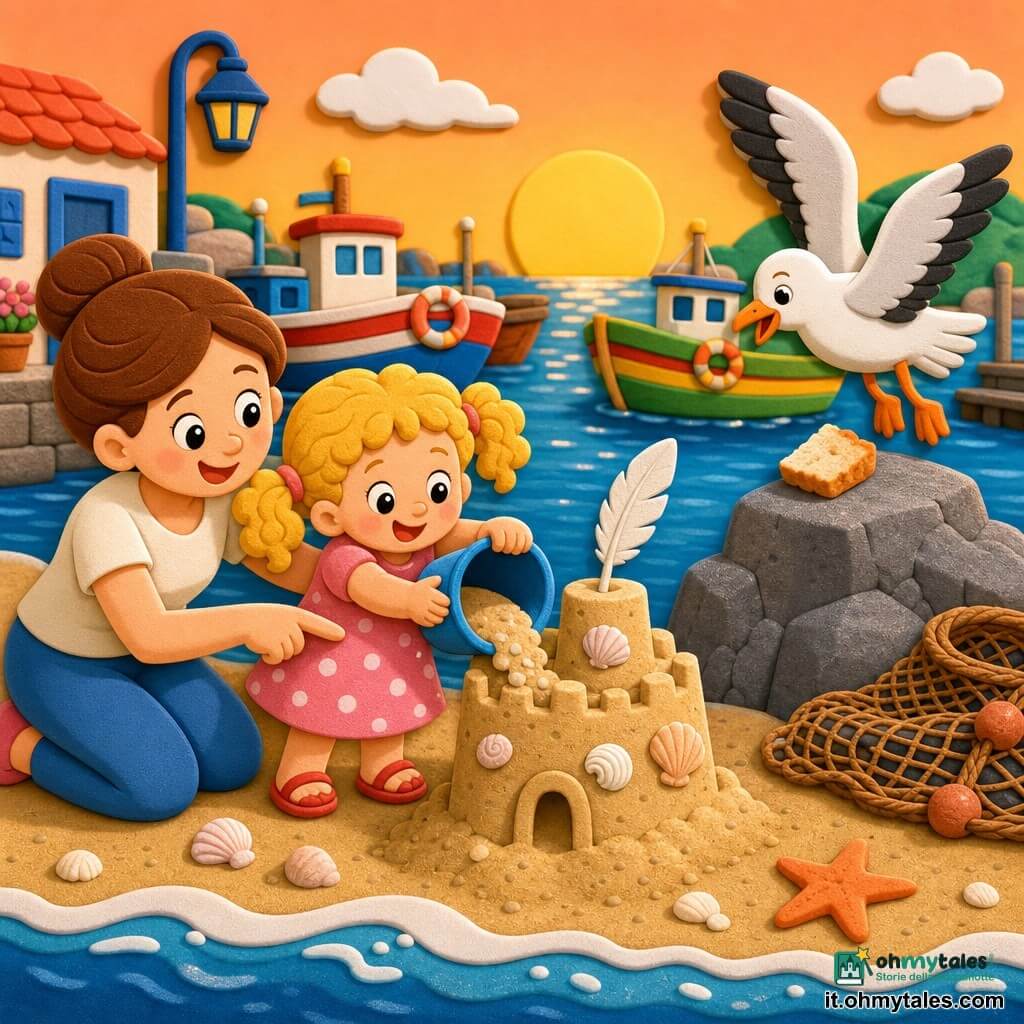Bambina di 4 anni, gioiosa e concentrata, capelli biondi ricci raccolti in codini, vestito rosa a pois bianchi, sandali rossi, tiene un piccolo secchio blu e versa sabbia umida per costruire un castello; la mamma (circa 30 anni), sorridente, carnagione chiara, capelli castani raccolti in chignon, inginocchiata accanto a lei la guida indicando il secchio e tenendole la mano; un gabbiano stilizzato vola con le ali spiegate sopra il castello pronto a prendere un pezzetto di pane su una roccia vicina; porto soleggiato con barche colorate, reti da pesca marroni, scogli grigi, mare blu scintillante e sabbia beige umida con piccole conchiglie, il castello è solido e decorato con conchiglie e una piuma come bandiera, mamma la incoraggia, luce calda del tramonto, toni morbidi e contrastati, forme semplici e bordi arrotondati, texture in EVA visibili.