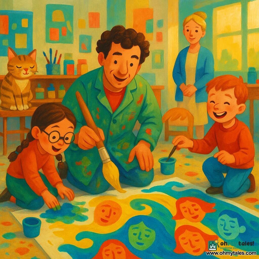 A warm-smiling Leo with curly brown hair and a paint-stained artist jacket holds a large brush loaded with bright yellow, painting waves and faces on a big sheet on the floor; an amazed 8-year-old girl with round glasses and a brown braid kneels left, mixing blue and green with her fingers; a laughing 7-year-old redheaded freckled boy stands right holding a small water pot and tilting a brush; Miss Parker, a blonde-haired teacher in a bun, stands behind with a gentle smile and clasped hands encouraging the children; a striped orange-and-gray tabby named Picasso with a paint-smudged paw sits on a nearby chair; the bright classroom has large windows, colorful posters, wooden shelves of paint jars, brushes and chalk, and a paint-splattered drop cloth on the floor; the group is doing a collective painting on the floor with vivid lemon yellow, cobalt blue, emerald green and carmine red, lively gestures, joyful splashes and an atmosphere of sharing and creation.