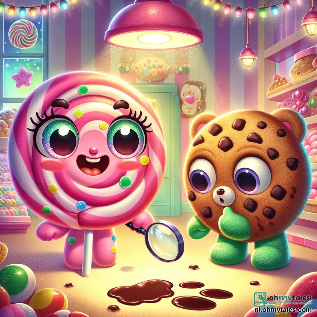 Lolly, een roze lolly met een grote glimlach en gekleurde stippen, staat in het midden van de afbeelding, met opgewonden en vastberaden ogen terwijl ze een chocoladevlek op de grond onderzoekt. Rechts van haar kijkt Koekie, een grote ronde koek met chocoladeschilfers, nieuwsgierig met glanzende ogen van verrassing, terwijl hij een vergrootglas vasthoudt. Links lijkt Berenhart, een smaragdgroene gummybeer, bezorgd, met zijn kleine pootjes die lichtjes trillen, terwijl hij naar een mysterieuze deur achterin de scène wijst. De achtergrond is een schattige en kleurrijke snoepwinkel, gevuld met rijen glinsterende snoepjes, potten met kleurrijke snoep en een grote etalage in de vorm van een gigantische snoep. Snoepguirlandes hangen aan het plafond en een warme gloed verlicht de plek, wat een magische sfeer creëert. De hoofdactie toont Lolly en haar vrienden die een onderzoek doen, op zoek naar aanwijzingen om het mysterie van de verdwenen snoepjes op te lossen, met een voelbare sfeer van avontuur en kameraadschap in de lucht.