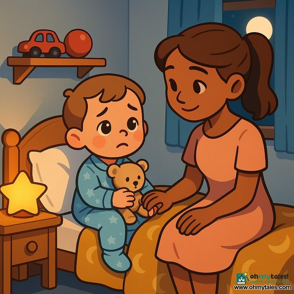 A 2-year-old boy with a round face and rosy cheeks, large moist eyes and a slightly worried but reassured expression, wearing light-blue starry pajamas and clutching a small beige teddy bear, sits on a bed; his mother (about 30) with chestnut hair in a ponytail, a gentle smile and kind eyes, in a pastel comfortable dress, sits at the right edge holding his hand. The bed has a mustard duvet with moon patterns, a white pillow and a star-shaped nightlight on the left nightstand; the warm bedroom has pale blue walls, a light-wood shelf with colorful toys (red toy car, red ball) and a sheer curtain showing a round moon outside. Main scene: bedtime as the mother comforts the boy, soft orange nightlight glow, gentle shadows and a calm, secure atmosphere.