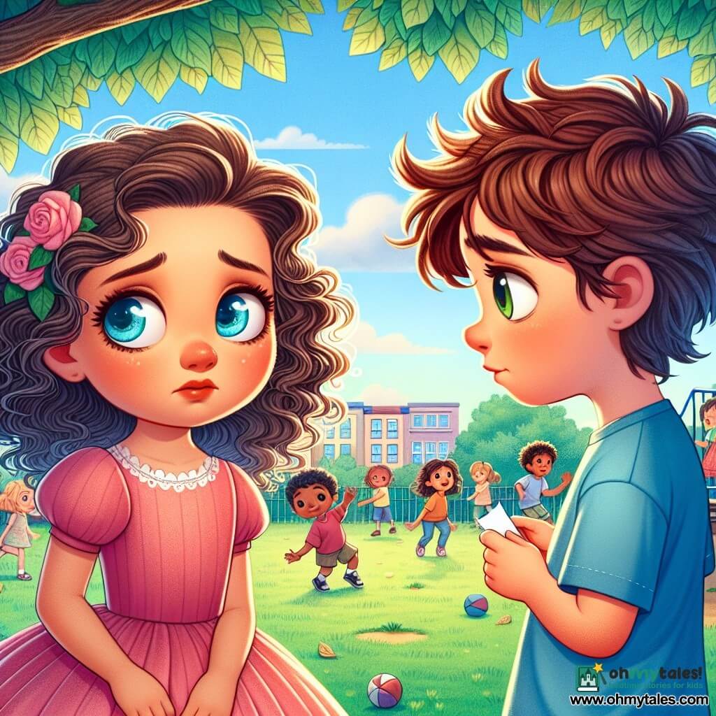 An 8-year-old girl, Mia, with curly hair and a pink dress, stands in the center of the playground, her face marked by slight sadness and her eyes shining with uncertainty. Next to her, an 8-year-old boy, Finn, with messy brown hair and a blue t-shirt, looks at Mia with a sorry expression, holding a small piece of paper in his hand. In the background, children play ball, laughing under a clear blue sky, while a large tree with green leaves provides shade. The scene depicts Mia and Finn discussing, illustrating a moment of reconciliation, as Mia appears hesitant yet curious, and Finn seems to want to apologize.