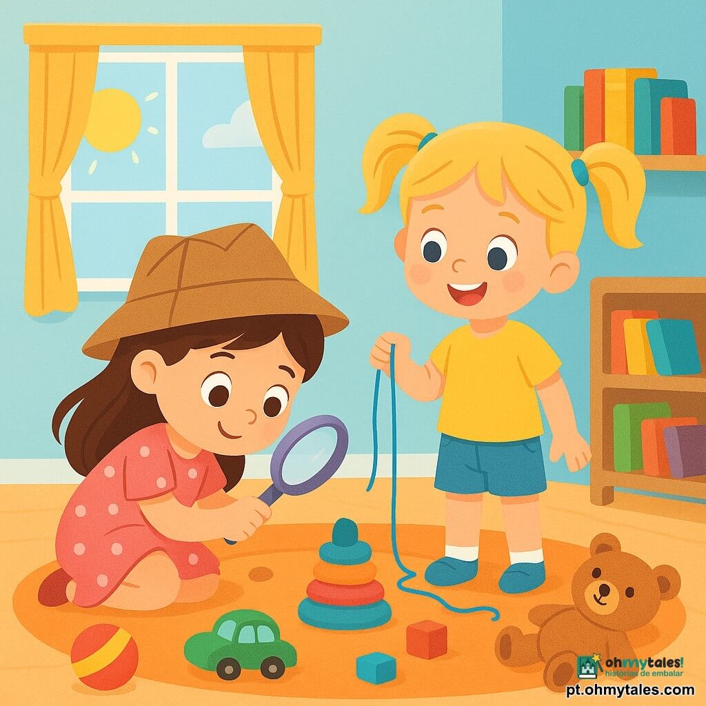 Há 2 personagens principais: Ana, uma menina de 3 anos com longos cabelos castanhos e olhos brilhantes, vestindo um vestido rosa com bolinhas brancas e um chapéu de detetive de papelão, agachada com uma lupa de plástico, observando atentamente o chão; e Lia, também de 3 anos, com cabelos loiros em tranças e olhos azuis, vestindo uma camiseta amarela e um short jeans, em pé ao lado de Ana, segurando um fio de lã azul e sorrindo com entusiasmo. A cena acontece em um quarto infantil colorido, com um grande tapete macio, brinquedos espalhados pelo chão, paredes pintadas de azul claro e prateleiras cheias de livros com capas vibrantes. Ana e Lia estão em uma investigação para encontrar seu ursinho de pelúcia perdido, examinando o chão com expressões concentradas e alegres, prontas para resolver o mistério juntas.