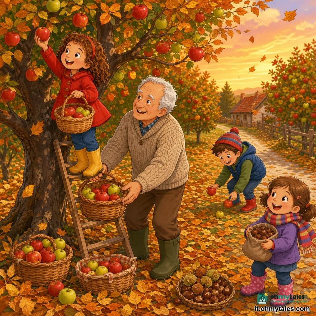 Bambina di 6 anni, gioiosa e meravigliata, capelli castani ricci, cappotto rosso e stivaletti gialli, con un cesto di vimini pieno di mele su una piccola scala sotto un melo; nonno di circa 70 anni, sorridente e benevolo, capelli grigi e maglione di lana, sistema dei pani ai piedi dell'albero accanto a lei; ragazzo Marco di circa 7 anni, birichino con cappello a righe, raccoglie mele da terra a pochi passi; bambina Lisa di circa 6 anni, ridente con sciarpa colorata, tiene un sacchetto di castagne vicino a un sentiero coperto di foglie; frutteto d'autunno con meli carichi di frutti rossi e verdi, foglie gialle e arancioni che svolazzano, tappeto dorato di foglie e luce morbida del tramonto; scena principale: raccolta autunnale gioiosa, bambini e nonno riuniti attorno al melo, cesti pieni, atmosfera calda e colorata.